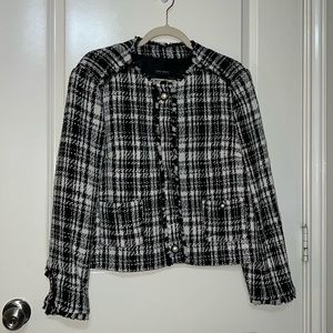 Zara tweed pearl button plaid jacket